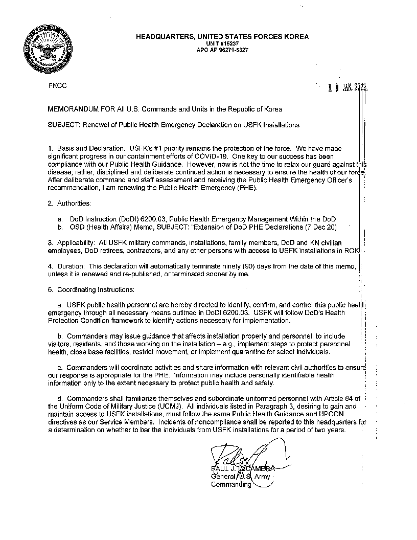 Public Health Emergency Memorandum signed by Gen. Paul LaCamera on Jan. 10, 2022. Public Health Emergency Memorandum signed by Gen. Paul LaCamera on Jan. 10, 2022.